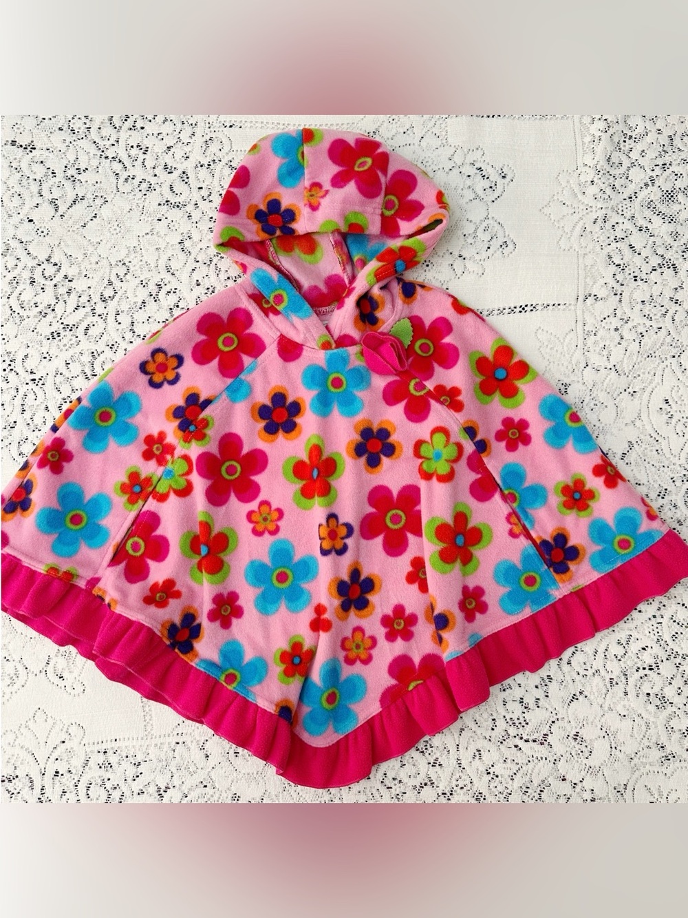 Pink Floral Girls Size 5 / 6 Poncho Fleece Hooded Colorful Multicolor Mack & Co